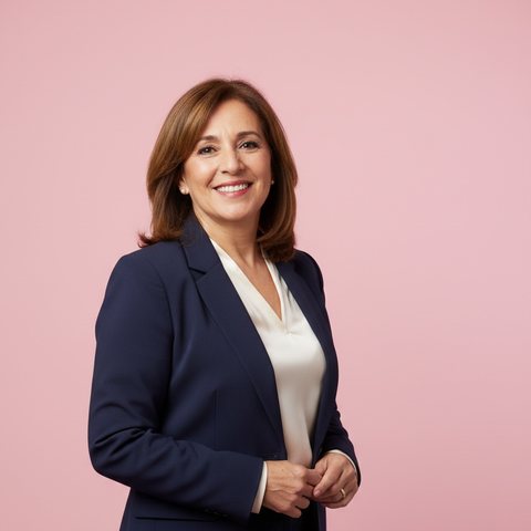 Gerenta de personas con chaqueta azul, sonriendo
